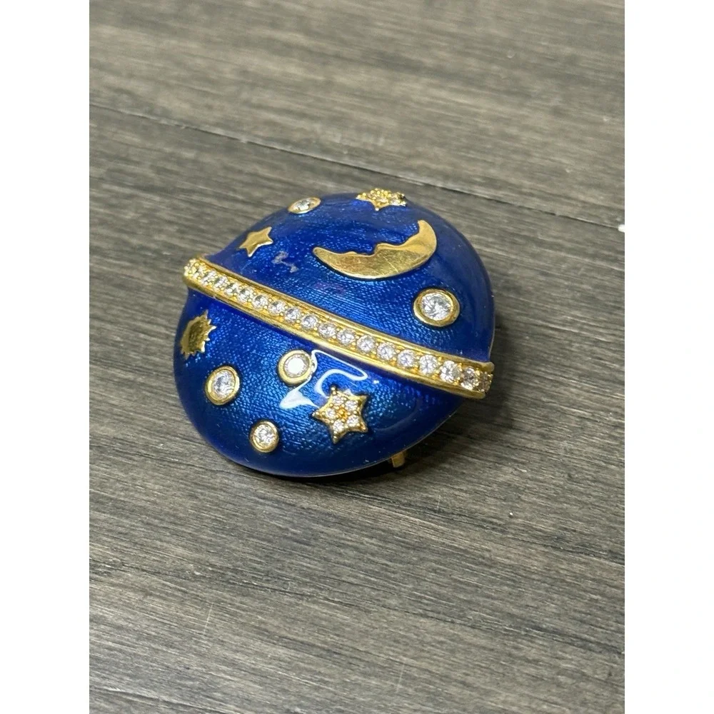 Crystal Blue Celestial Moon & Stars Gold Tone Brooch Pendant Vintage